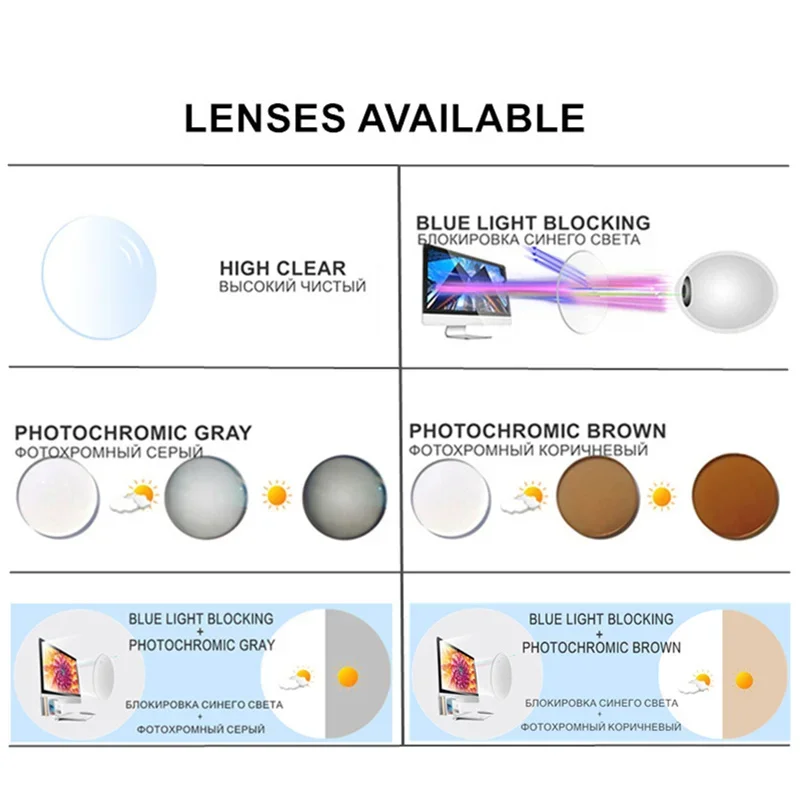 Prescription Glasses For Myopia -0.5 TO -10 Women Men TR90 Frame Spectacles Anti Blue Light Or Photochromic Grey Or Brown UF12