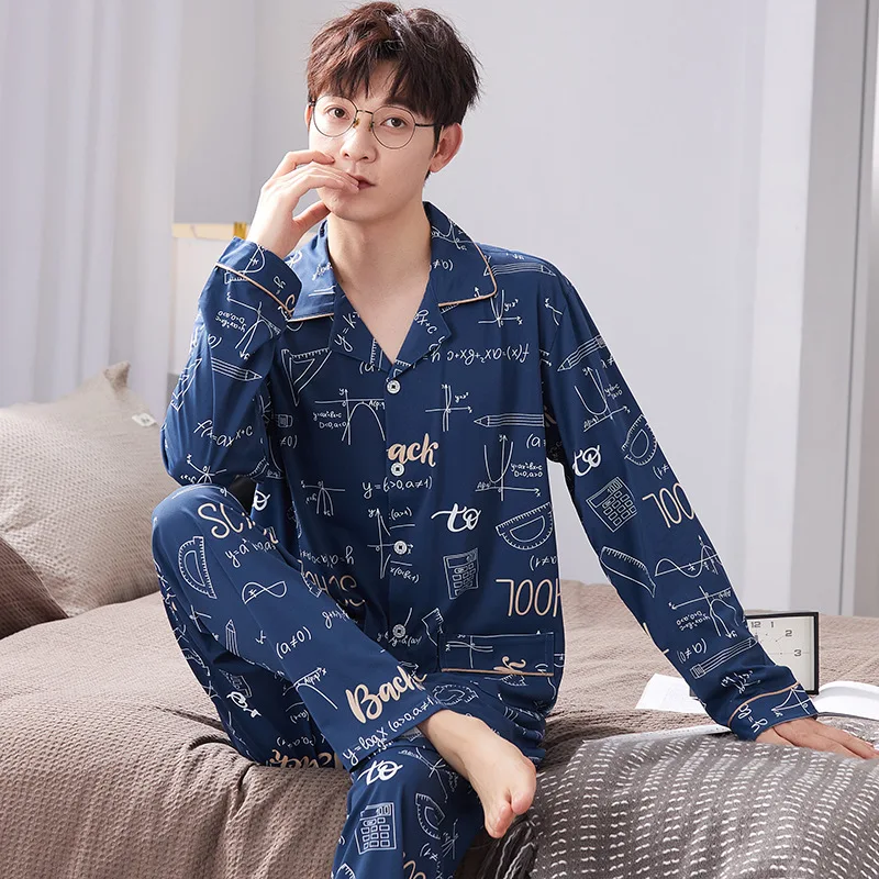 Spring Autumn Men's Knitted Cotton Pajamas Checkered Stripes Lapel Long Sleeve Cardigan Casual Loose Oversized Home Clothing Set