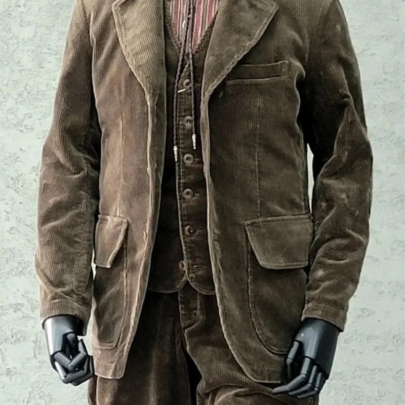 Amekaji Wear Clothes Men American Retro Coffee Color Corduroy Suit Business Casual Single West Corduroy Coat Good Quality 2