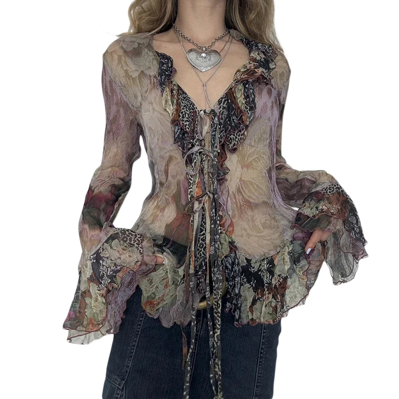 Blusa de manga larga acampanada con volantes y estampado floral para mujer, estilo grunge de los años 2000, ropa urbana Y2K