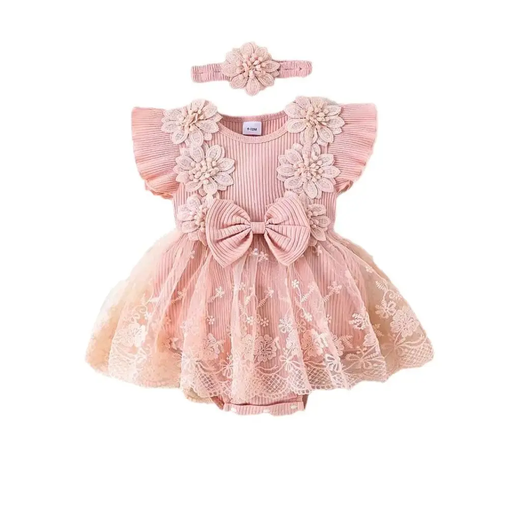 Cotton Baby Girl Princess Dress Bowknot Lace Mesh Baby Girl Bubble Dress Short Sleeve Sweet Infant Dress with Headband Summer