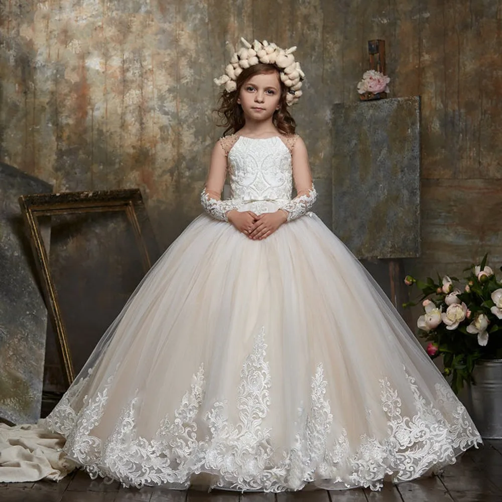 

Flower Girl Dresses Luxurious Sleeveless Tulle Lace Applique Kids Evening Gowns For Girls First Communion Girl Dress