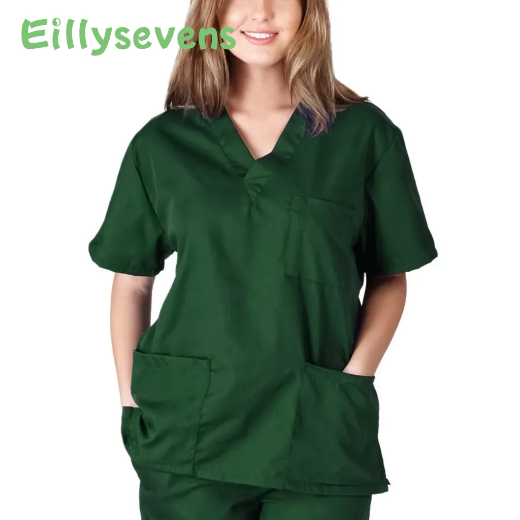 

Fashion Scrub Tops Hospital Doctor Nurse Working Uniform Solid Color Unisex Surgical Gown V-neck Scrubs Top for Women top mujer