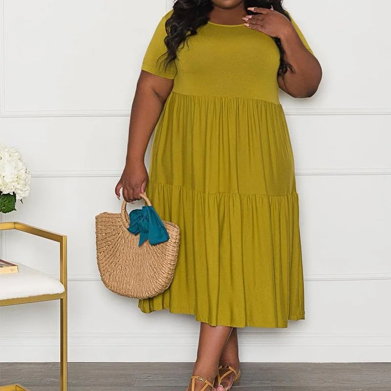 Plus Size Clothes Simplicity Solid Color Half Sleeve Cake Skirt Casual Round Neck Shirring Summer Women's Loose Midi Dresses