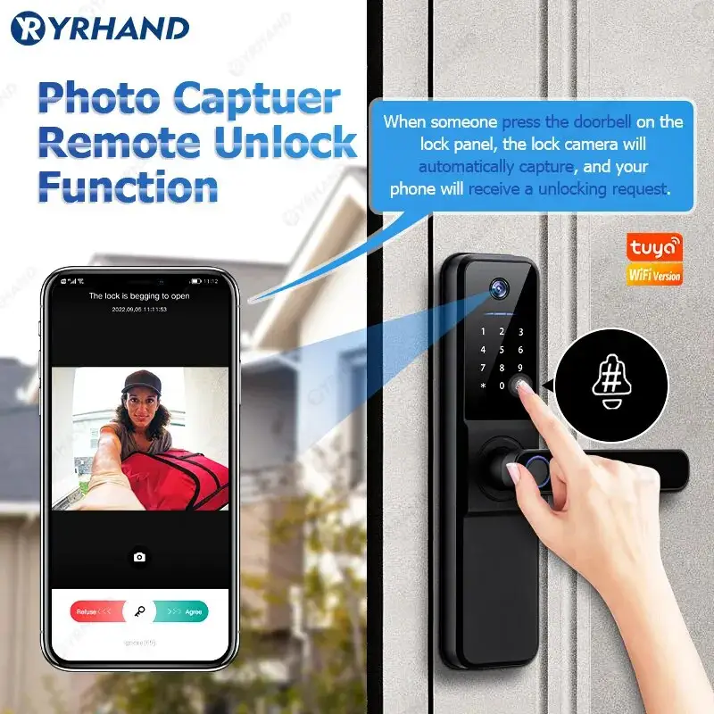 YRHAND H01 Fechadura Eletronica Tuya Wifi Digital Electronic Smart Door Lock With Biometric Camera Fingerprint IP66 Smart Lock - Image 2