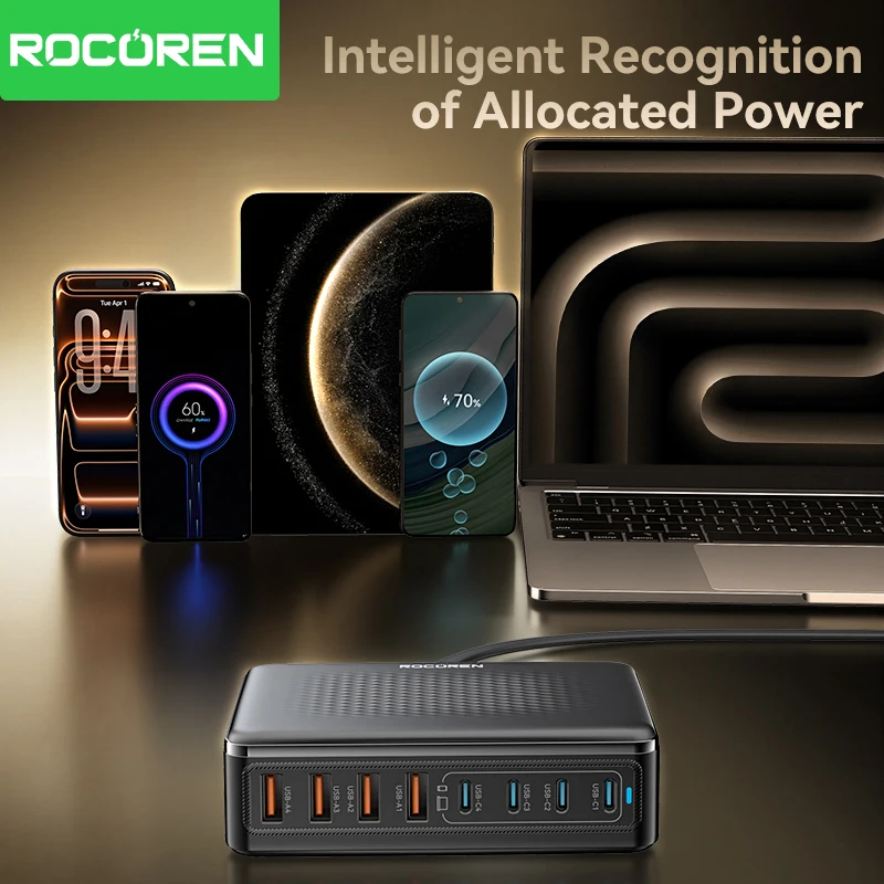 מטען Rocoren 200W GaN 8 ב-1 לטעינה מהירה למחשב שולחני עבור אייפון 17 פרו, שיאומי, סמסונג, מטען USB Type C, תחנת כוח ניידת