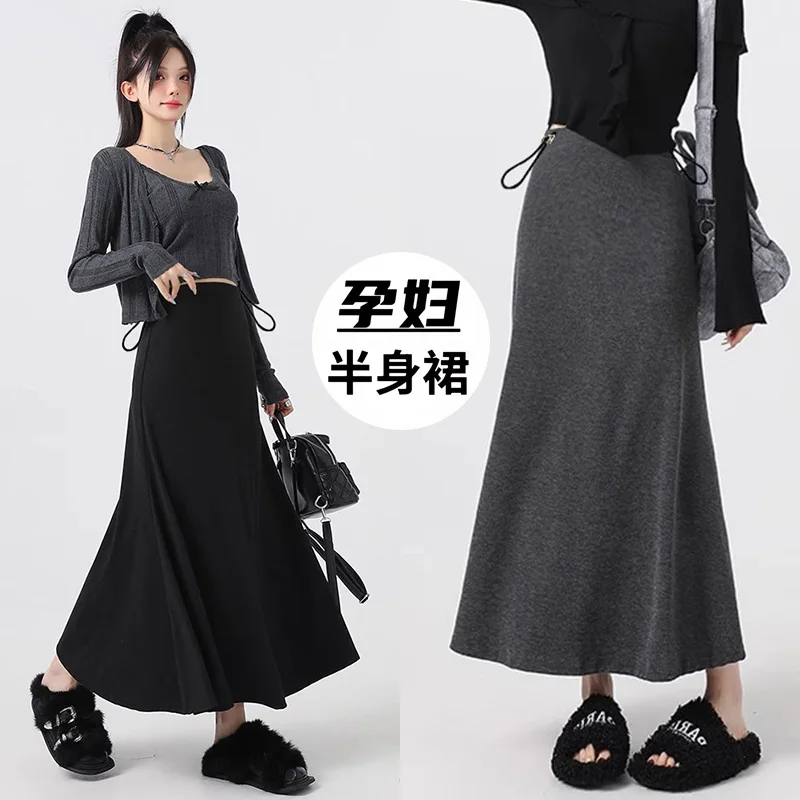 25SS Spring Summer Knitted Maternity Soft Draped Midi Skirt Non-Support Versatile A Line Fishtail Long Skirt for Pregnant Women