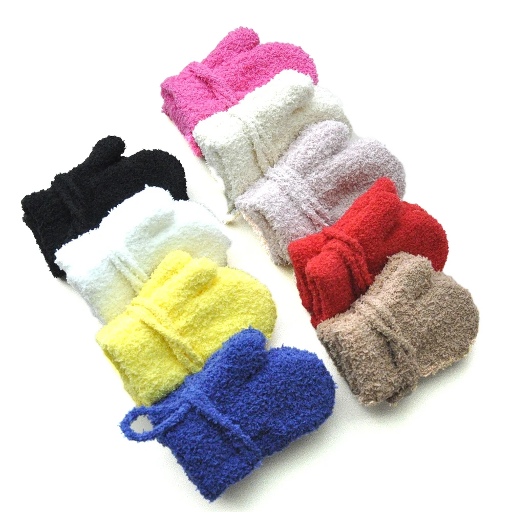 

1-3Years Children Full Finger Glove With Halter Rope Winter Warm Solid Color Baby Mittens Kids Knitted Hanging Neck Gloves