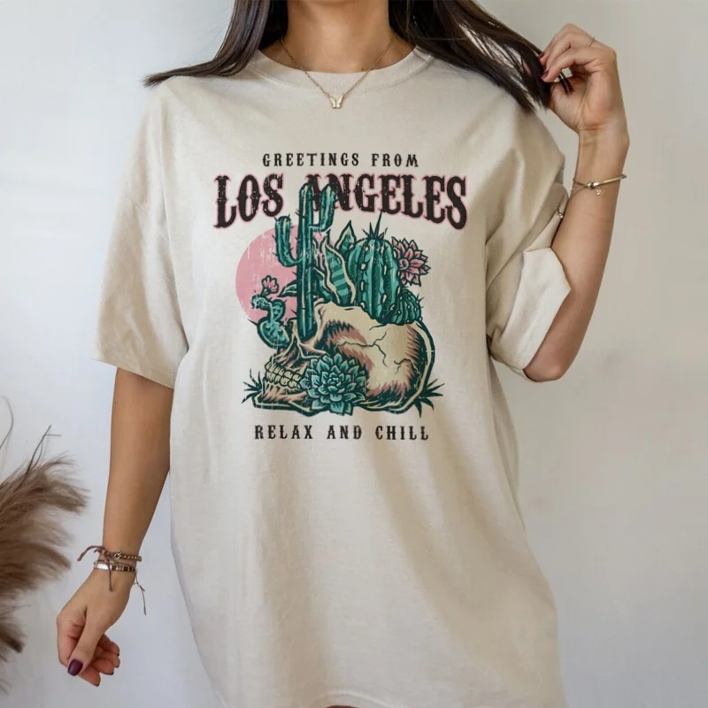 

kuakuayu HJN LA Skull Cactus Women Vintage Western T-Shirt Summer Cute 70s Retro Graphic Tee Ladies Desert T Shirt Boho Tops