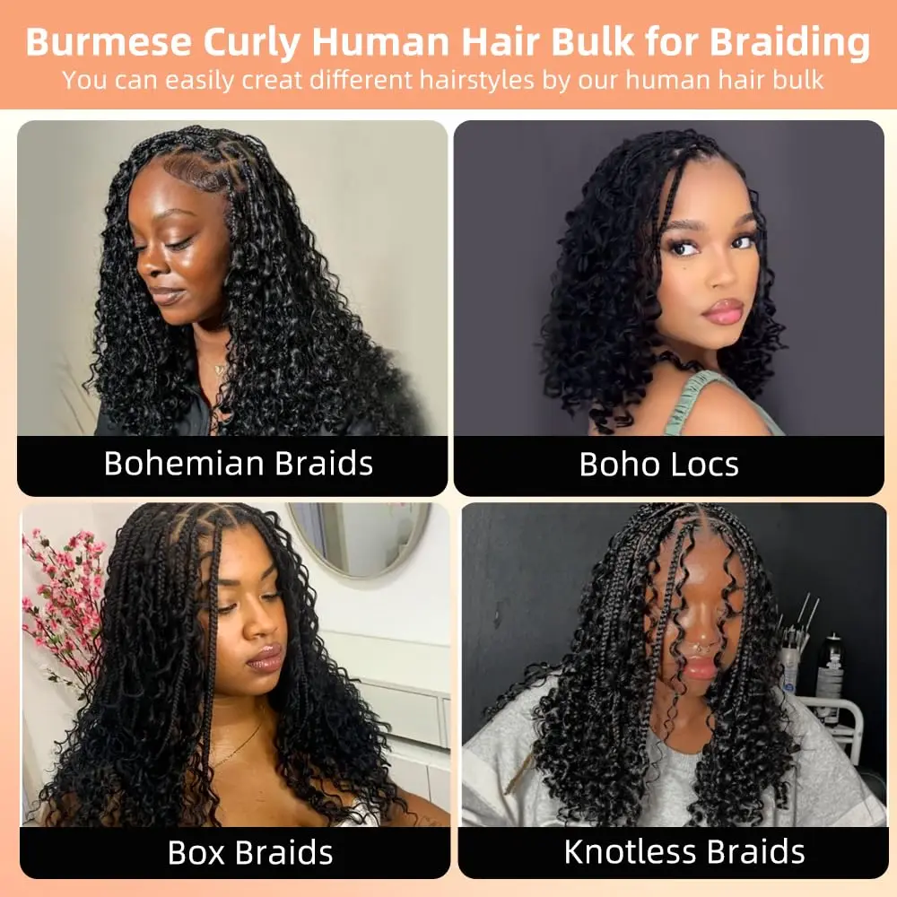 Burmese Curly Human Braiding Hair for Boho Braids 120g/2 Bundles Deep Wave Bulk Human Hair Unprocessed Burmese Curly Spiral Curly Ends Bulk 4