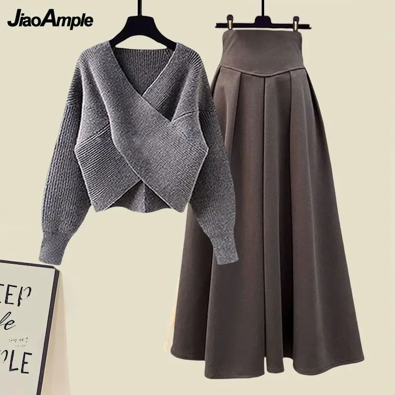 Women's Autumn Winter New Fashion Cross Knit Sweater Midi Skirt Two Piece Suit Korean Elegant Loose Pullover Dress Matching Set 5