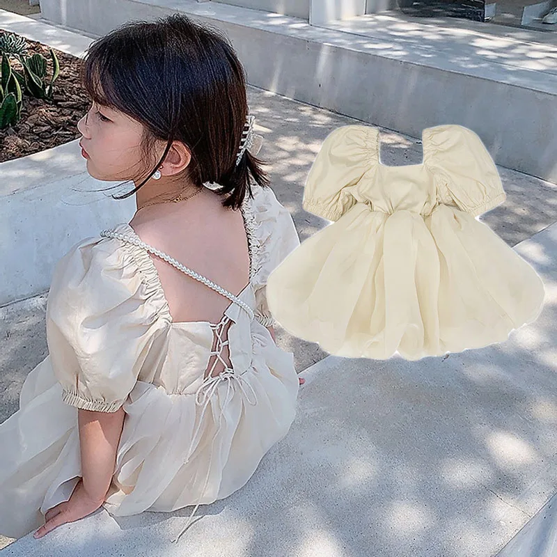

2023 Summer Girl Dress Princess Beige Weding Dress Girls Clothes Kids Dresses For Girls 1-6Years Kids