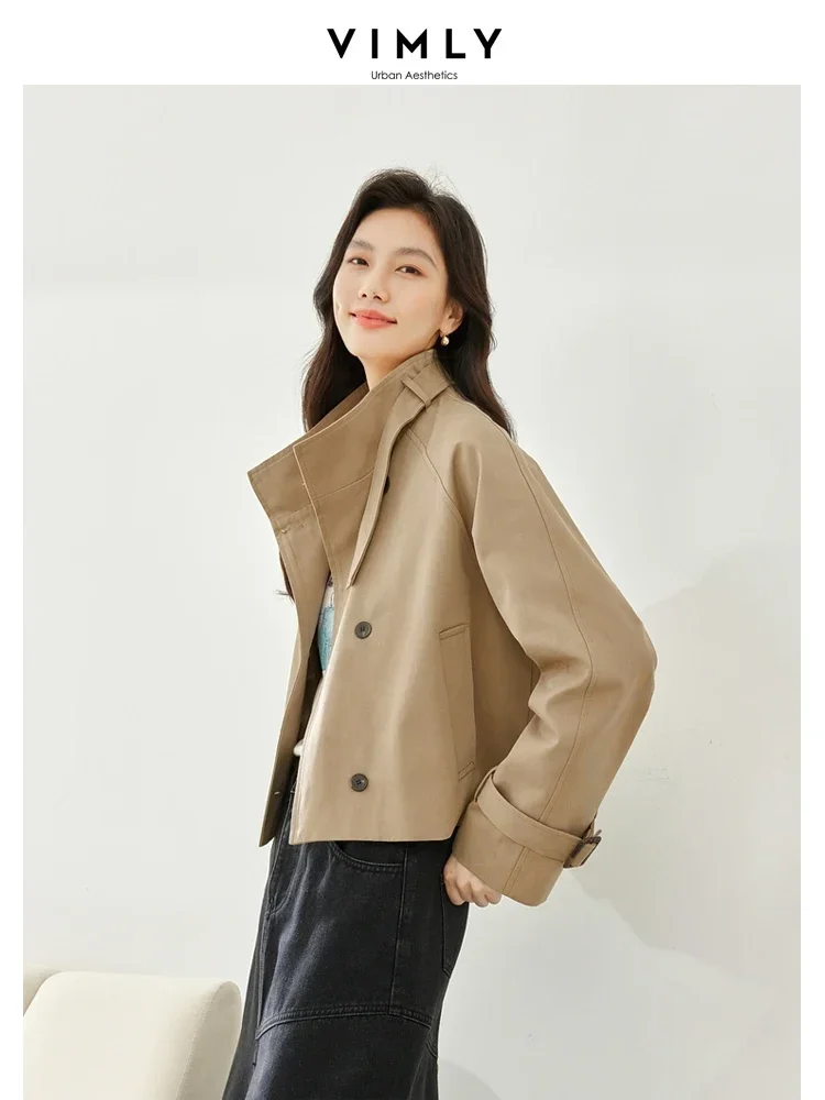 Vimly Khaki Cotton 100% Cropped Trench Coat New Single Breasted Loose Jacket for Women Spring Windbreaker Outerwear M5165