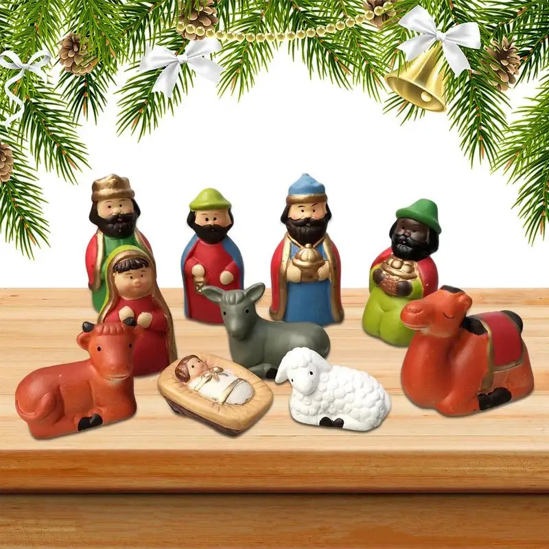 

10pcs Christmas Nativity Set Jesus Birth Resin Figures Kit Ornaments Western Religion Jesus Manger Set Christmas Decoration 2024