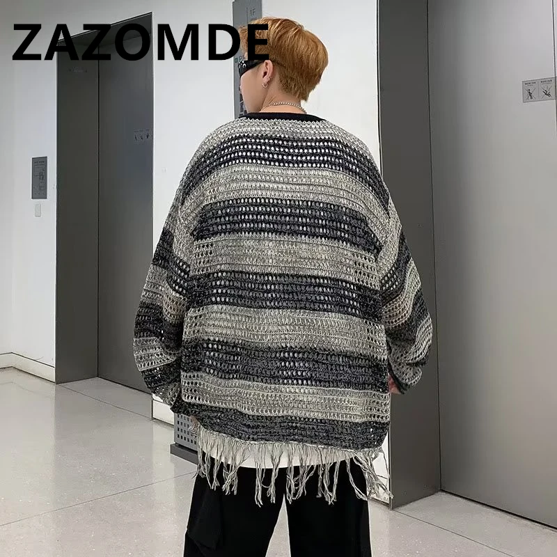 Vintage Knitted Sweater Men Women Harajuku Cotton Pullover Gradient Damaged Sweater Autumn Loose Knitwear Hole Tops Unisex 2023
