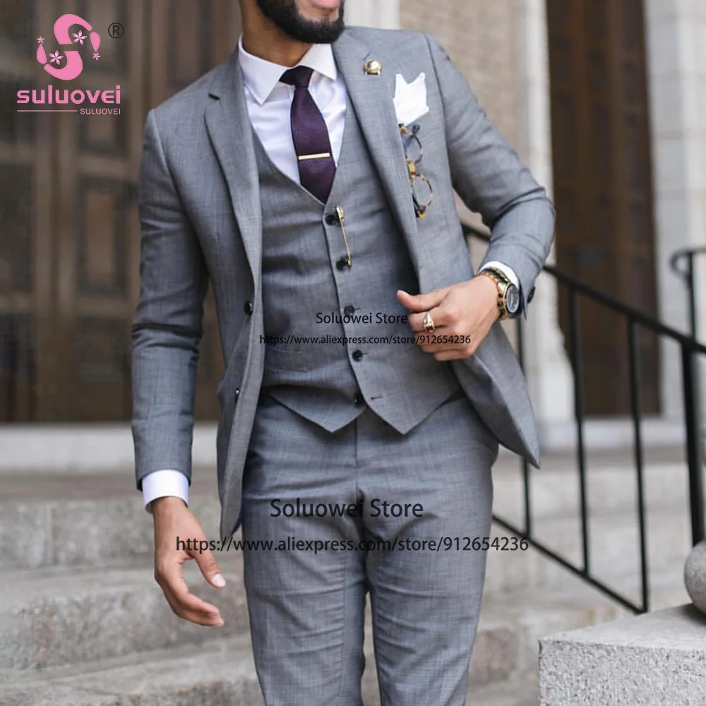 

Fashion Grey Slim Fit Suits For Men 3 Piece Jacket Vest Pants Set Formal Groom Wedding Notch Lapel Tuxedos Costume Homme Mariage