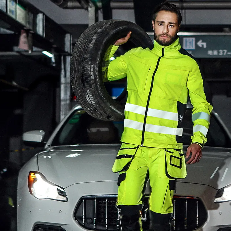 High Visibility Workwear Suit Work Suit Fluorescent Yellow Work Jacket and Pants Set with Multi Pockets Work Wear 5