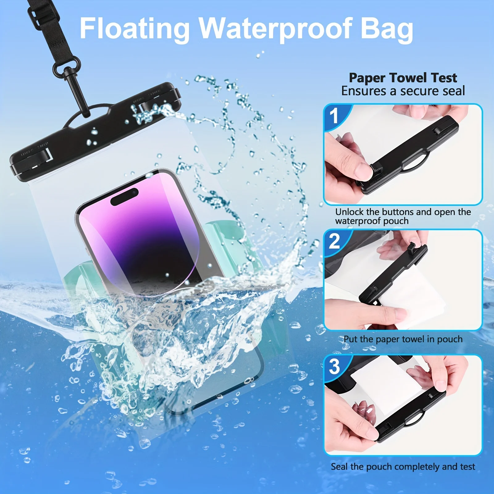 2 PCS Wave Design Large Capapcity Waterproof Phone Bag, Swimming Surfing Earphone Cards Passport Keys Pouch