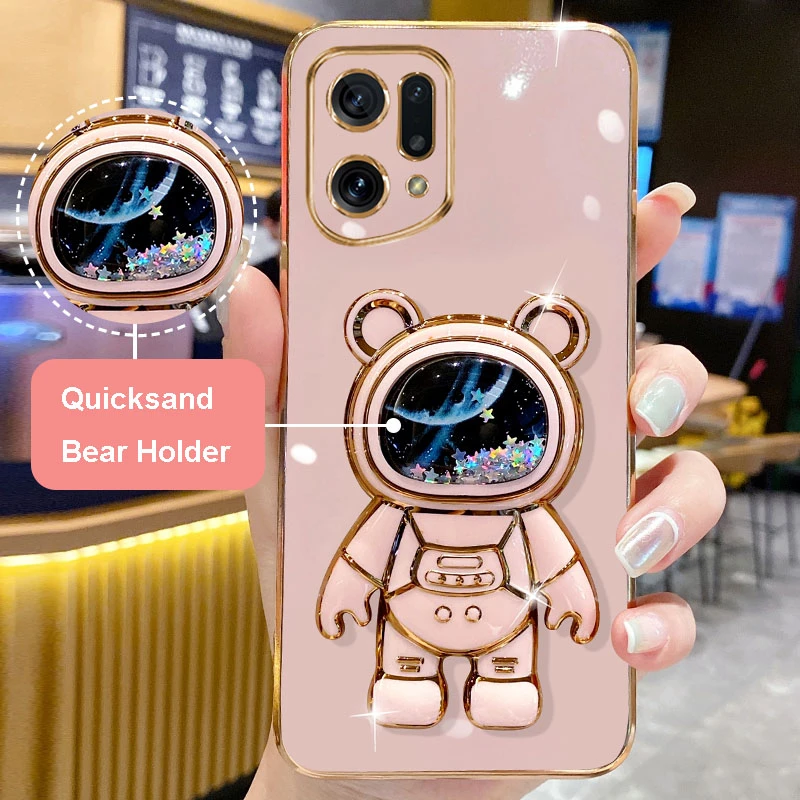 Quicksand Space Bear Halter Überzug Telefon Fall Für OPPO Reno 8 Reno8 2 3 4 5 6 7 6Z Finden x3 X5 Lite X2 Neo F19 Pro Plus Abdeckung_voghion.com