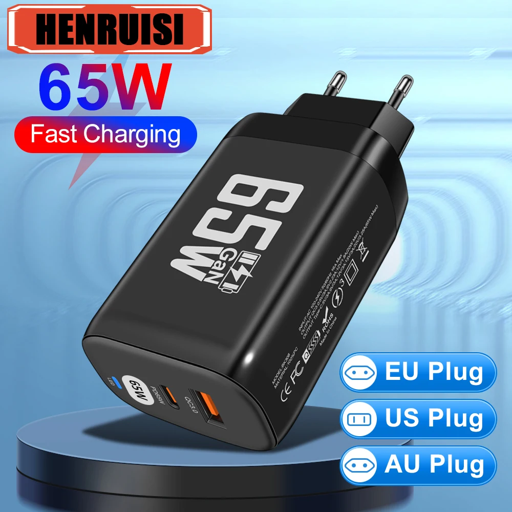 65W GaN Type C Charger Quick Charge QC3.0 PD Fast Chrger for iPhone 15 Samsung S23 Xiaomi Macbook Huawei Realme POCO iPad Tablet
