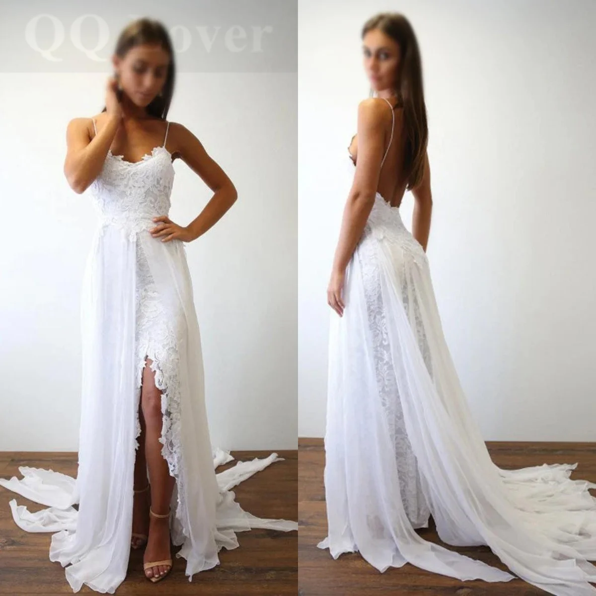 

Sexy Spaghetti Straps Wedding Dress Open Back Split Robe De Mariée Summer Garden Vestido De Noiva Plus Size Vestidos De Novia