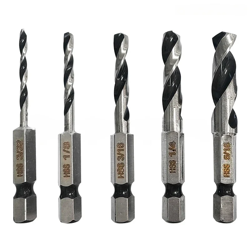 6pc High Speed Steel Hexagonal Shank Integrated Twist Drill British System Woodworking Drill Two Edge and Two Slot Drilling Tool