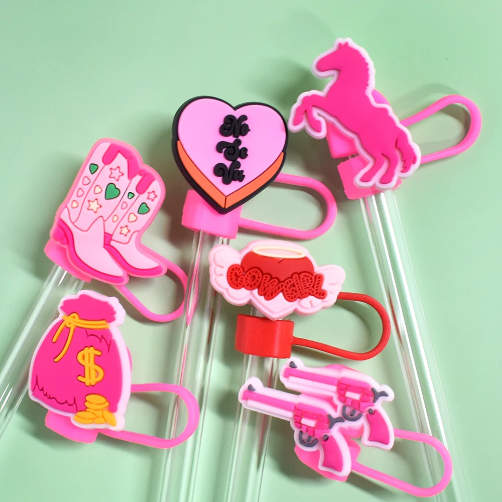 핑크 카우걸 데님 스타일 방진 빨대 토퍼, 시원한 모자 부츠, PVC 빨대 커버 팁, 8mm 빨대 음주 액세서리, 1 개