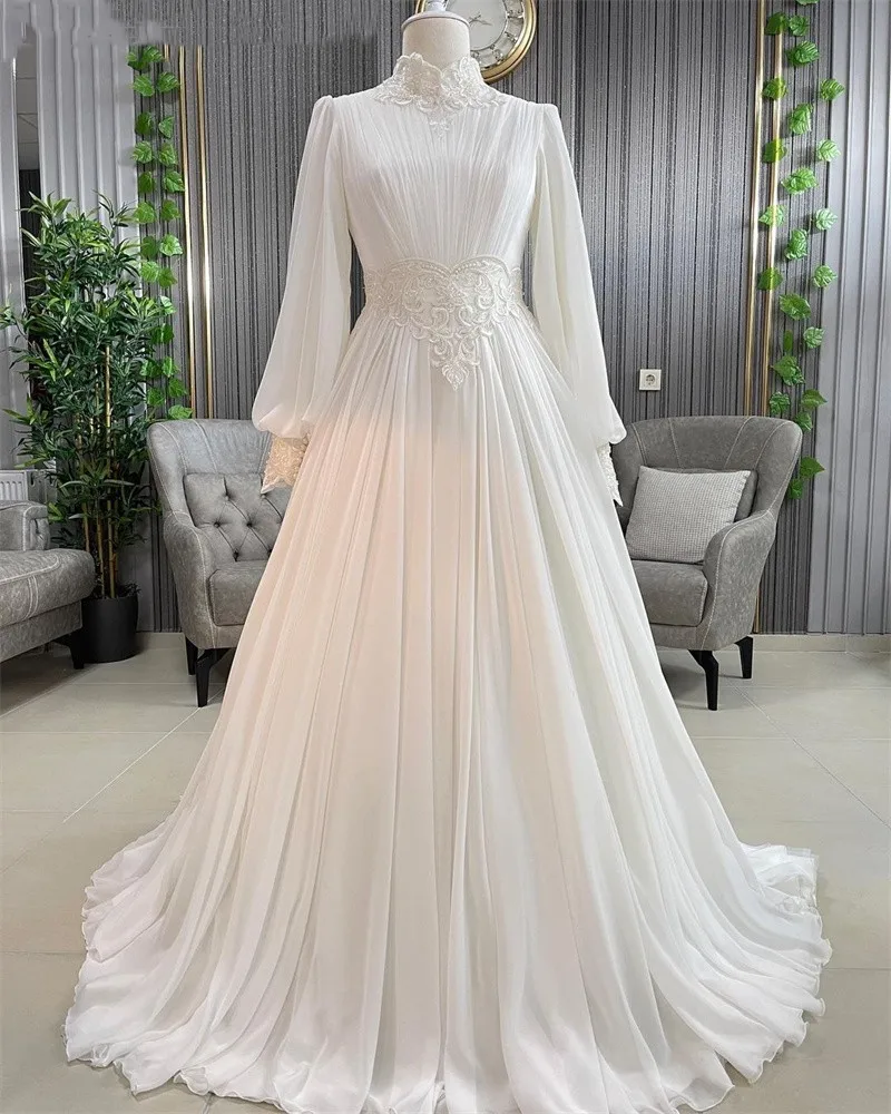 

Женское свадебное платье трапециевидной формы, шифоновое кружевное платье с рукавами-фонариками и аппликацией, свадебные платья с жемчужинами, арабское свадебное платье Дубаи