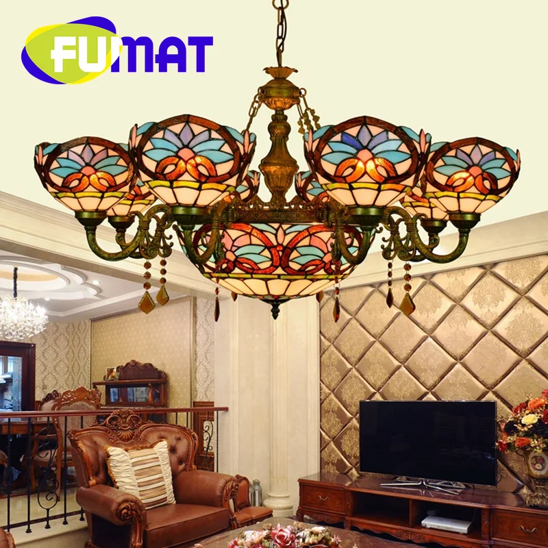 

FUMAT Tiffany style Stained glass Retro Love Baroque multi-head Crystal Pendant lamp Living Room Dining Room Hotel LED decor