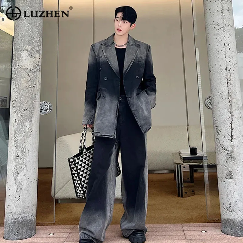 

LUZHEN Set Niche Two-piece Wear Men's Denim Design New Gradient Color Suit Jacket Wide Leg Pants Washed Sets 2024 Spring 5005b2