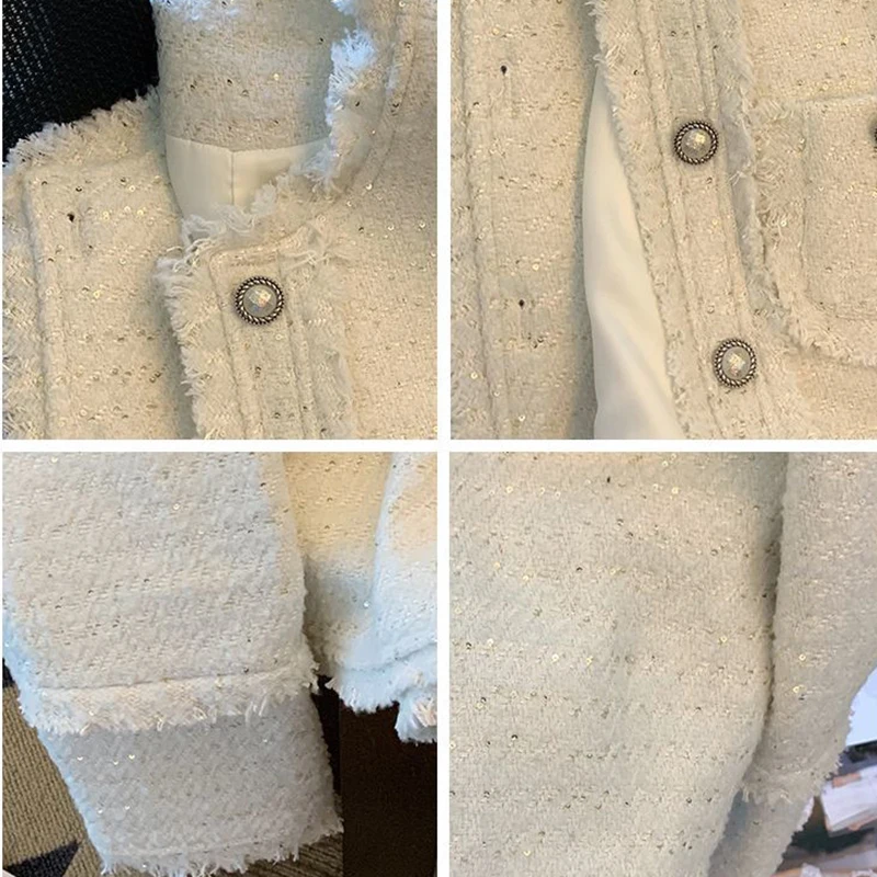 White Korean Tweed Cropped Jacket For Women Autumn Long Sleeve Tassel Luxury Coat Ladies Temperament Single Breasted Outwear