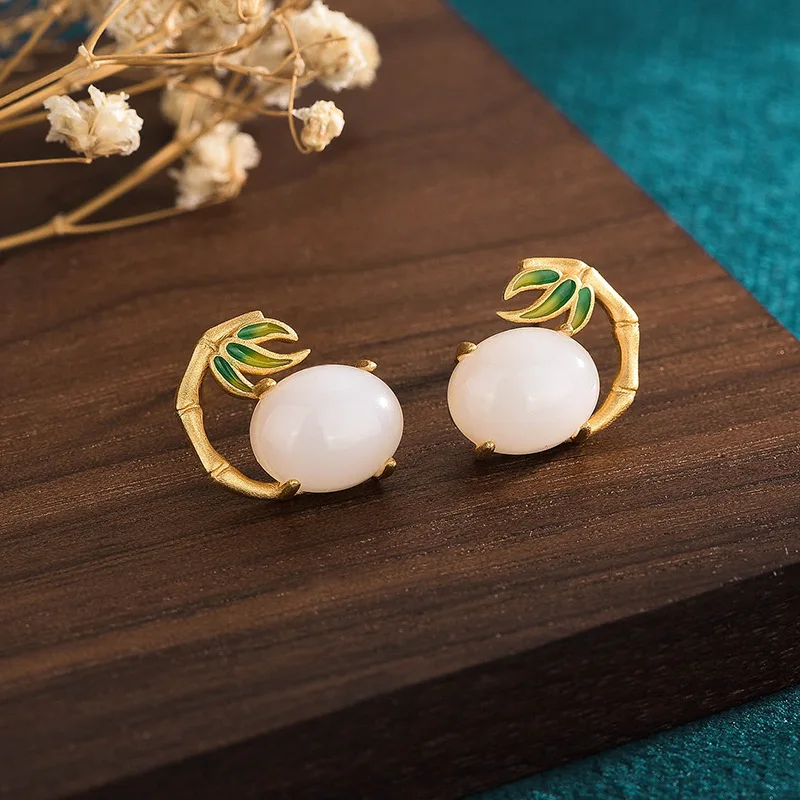

Серьги Эмалевые женские в стиле ретро, гальваническое покрытие в античном стиле, Декор Лист Бамбука, имитация нефрита, золотистого цвета, для женщин