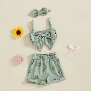 Toddler Girls 3 Piece Outfits Ruffle Sleeveless Top and Shorts Set with Headband Summer Clothes Floral Print Bow Camisole 2