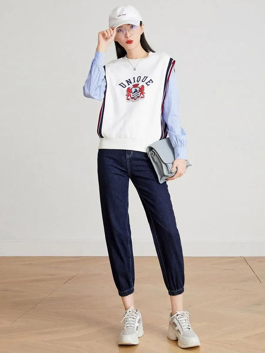 LOUIS YAO Women Sweatshirt Fake Two Pieces 2024 Spring Print Letter Loose Fit Round Neck Long Sleeve Casual Pullover Women's Top