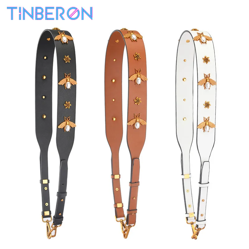 TINBERON Women's Bag Strap Fashion Vintage Gold Bee Shoulder Straps Real Leather Bag Strap Replacement Handbag Parts Accessories