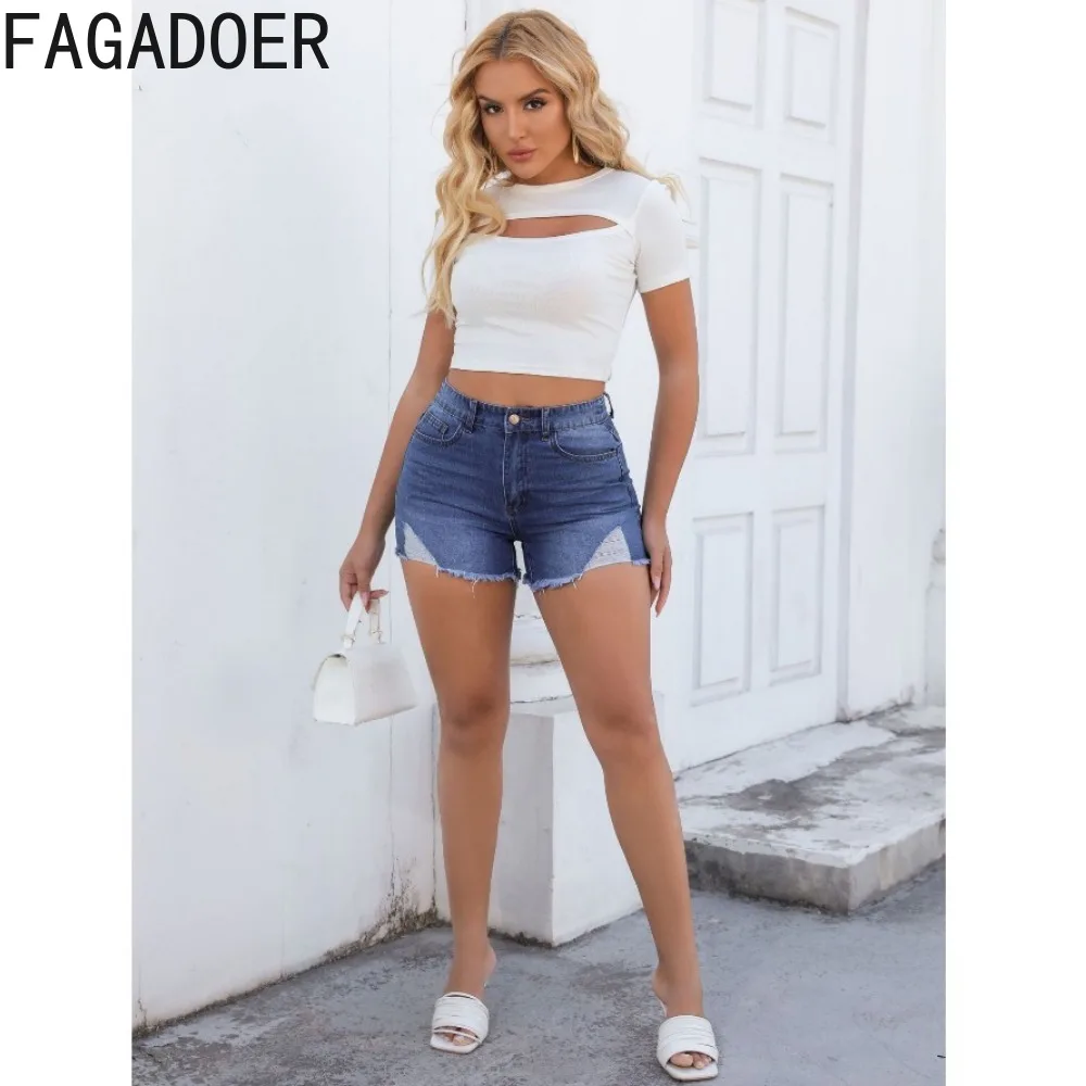 FAGADOER Fashion Denim Hole Shorts Women High Waisted Button Pocket Elasticity Jean Casual Female Cowboy Matching Bottoms 2024