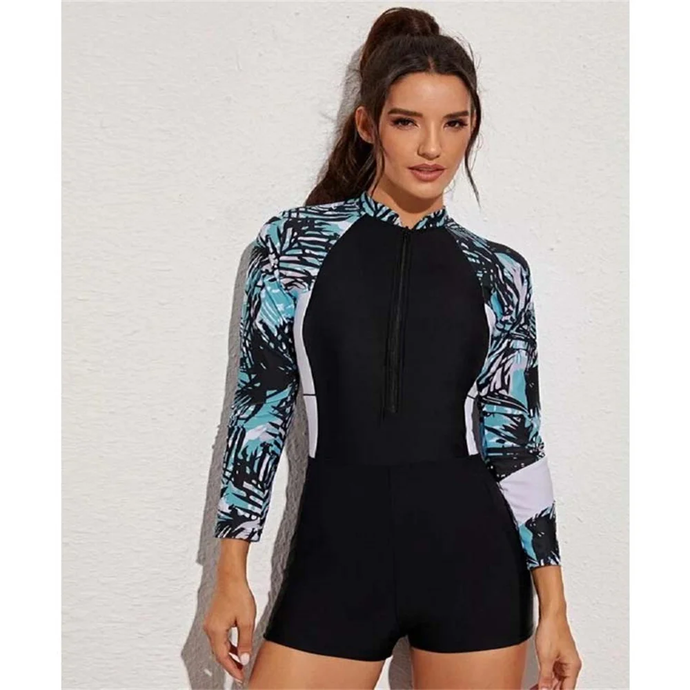 Femmes Plongée Surf Maillot de Bain Manches Courtes Devant Fermeture Eclair Imprimée Une Pièce Maillot de Bain(S, S1