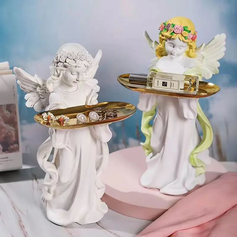 

European Creative Resin Girl Angel Sculpture Home Living Room Goddess Jewelry Storage Ornaments Tray Desktop Furnishings Crafts