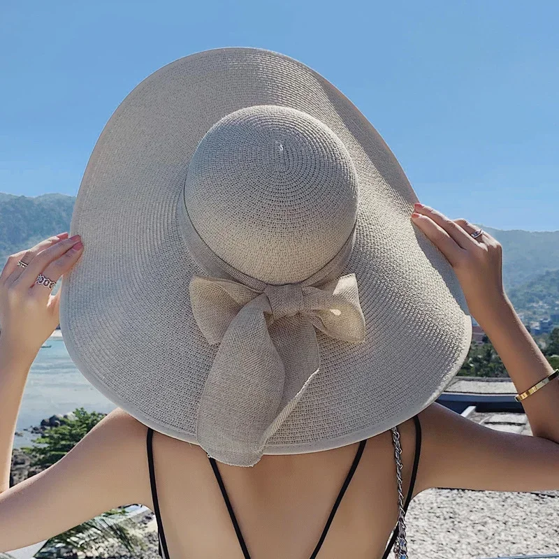 1Pc Women's Seaside Bow Beach Hat Oversize Straw Hat Women's Summer Sun Block Big Brim Hat Suitable For Sun Protection - Image 4