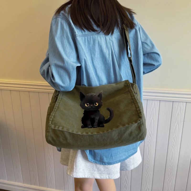 Black Cat Print Women's Crossbody Bag Multiple Pockets Fashion Canvas Shoulder Bag Female Laptop Bag Commuting