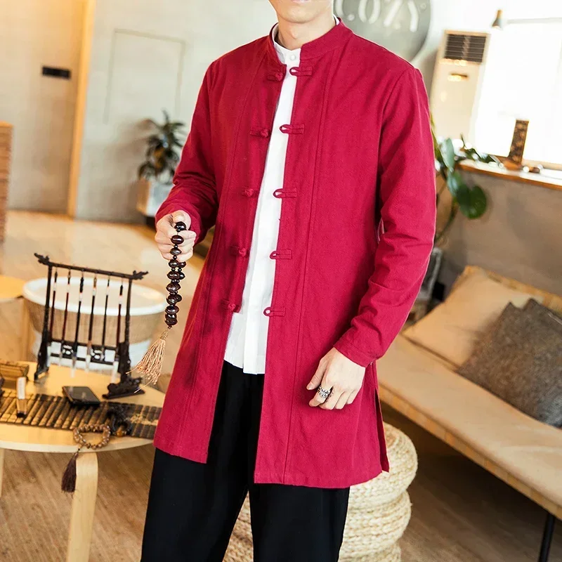 Streetwear Thin Tang Suit Coat Men Mens Linen Jacket Black Long Coat Male Hanfu Chinese Style Robe Harujuku Wind Breaker