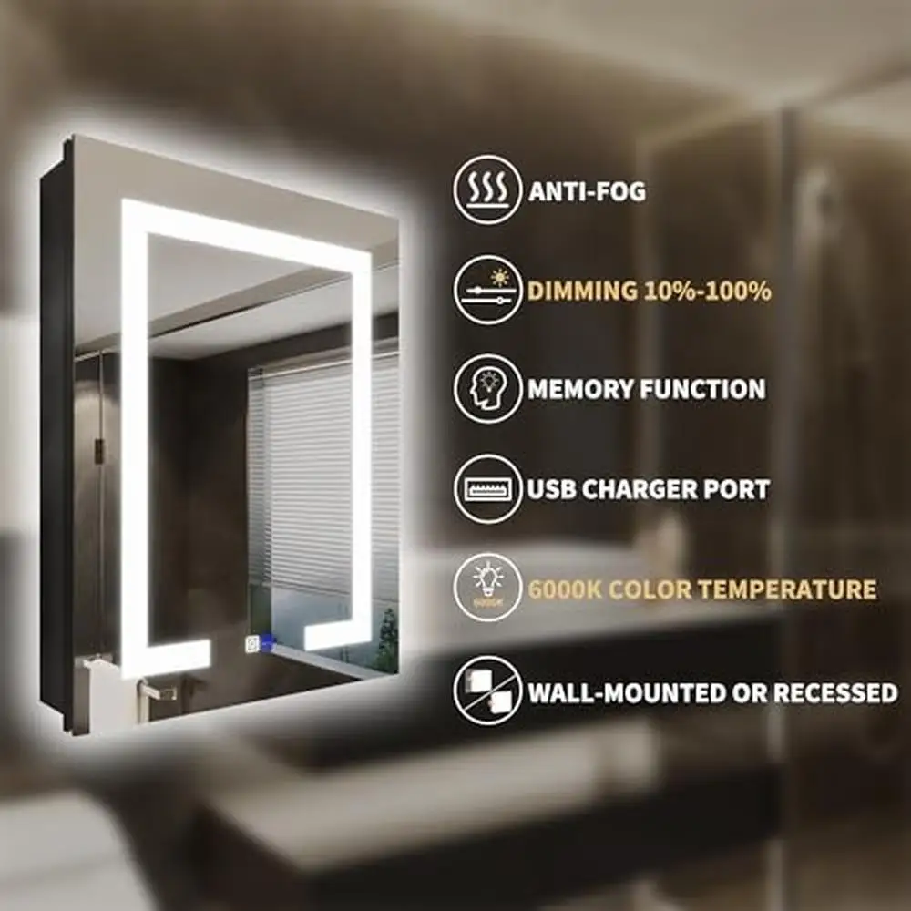 LED Dimmable Mirror Defogging Wall Mounted Bathroom Medicine Cabinet