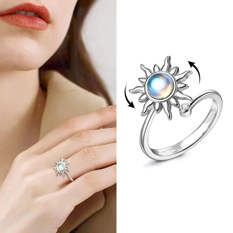 1Pc Rotatable Sun Rings For Women Anti Stress Anxiety Fidget Sunflower Sun Star Ring Party Aesthetic Jewelry Gift 2