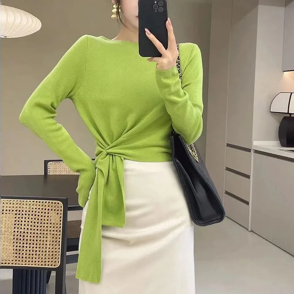 

2024 Fashion New Women's Sweater Elegant Solid Cropped Knitwears Sweaters Womans Lace-up Irregular Slim Fit Pullover Tops Ladies