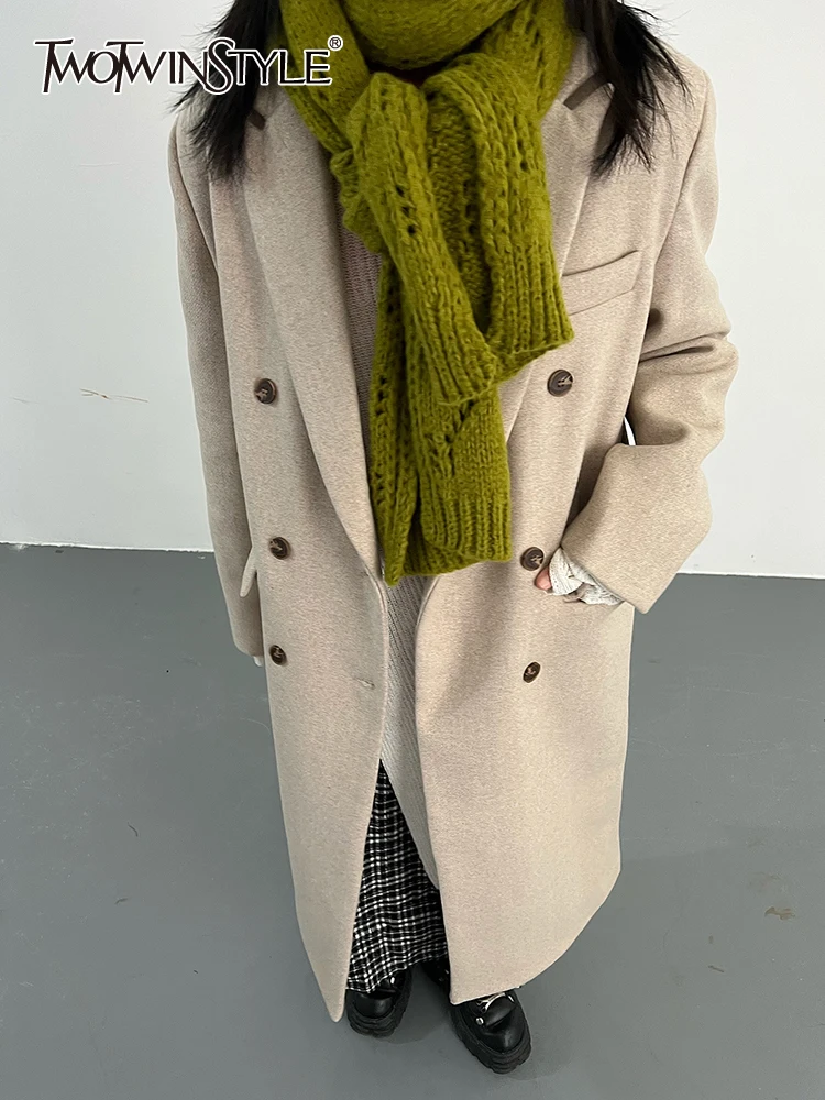 

TWOTWINSTYLE Solid Patchwork Pocket Coat For Women Notched Collar Long Sleeve Spliced Double Breasted Minimalist Coats Female