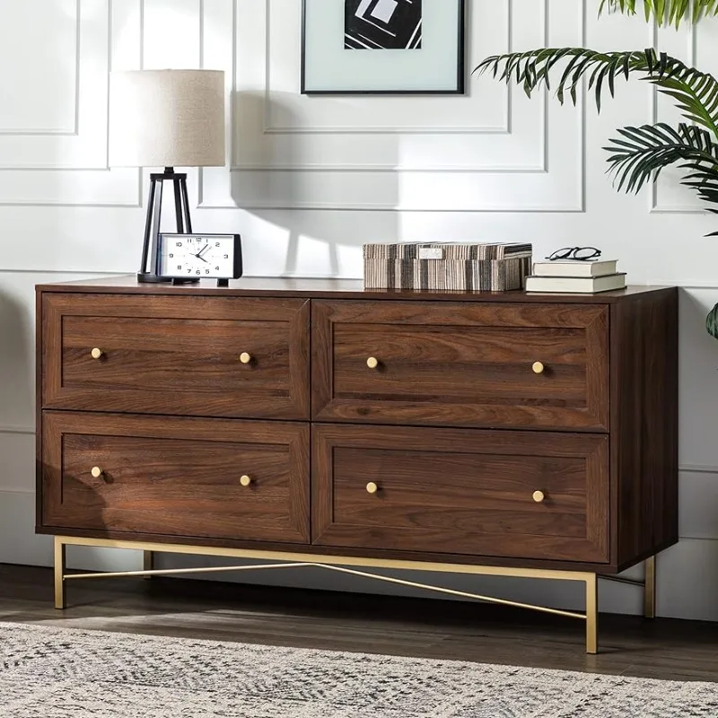

Contemporary Wood and Metal 4 Drawer Chest with Gold Accents, 56 Inch, Dark Walnut