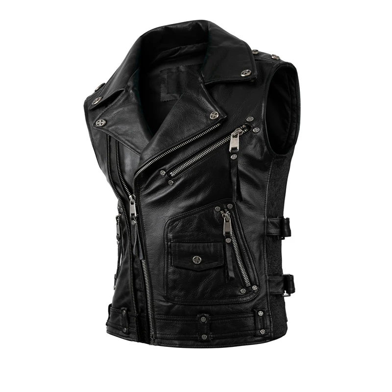 Motorcycle Vests Men Natural Cowhide Genuine Leather Jacket Sleeveless Riding Vest Vintage Brown