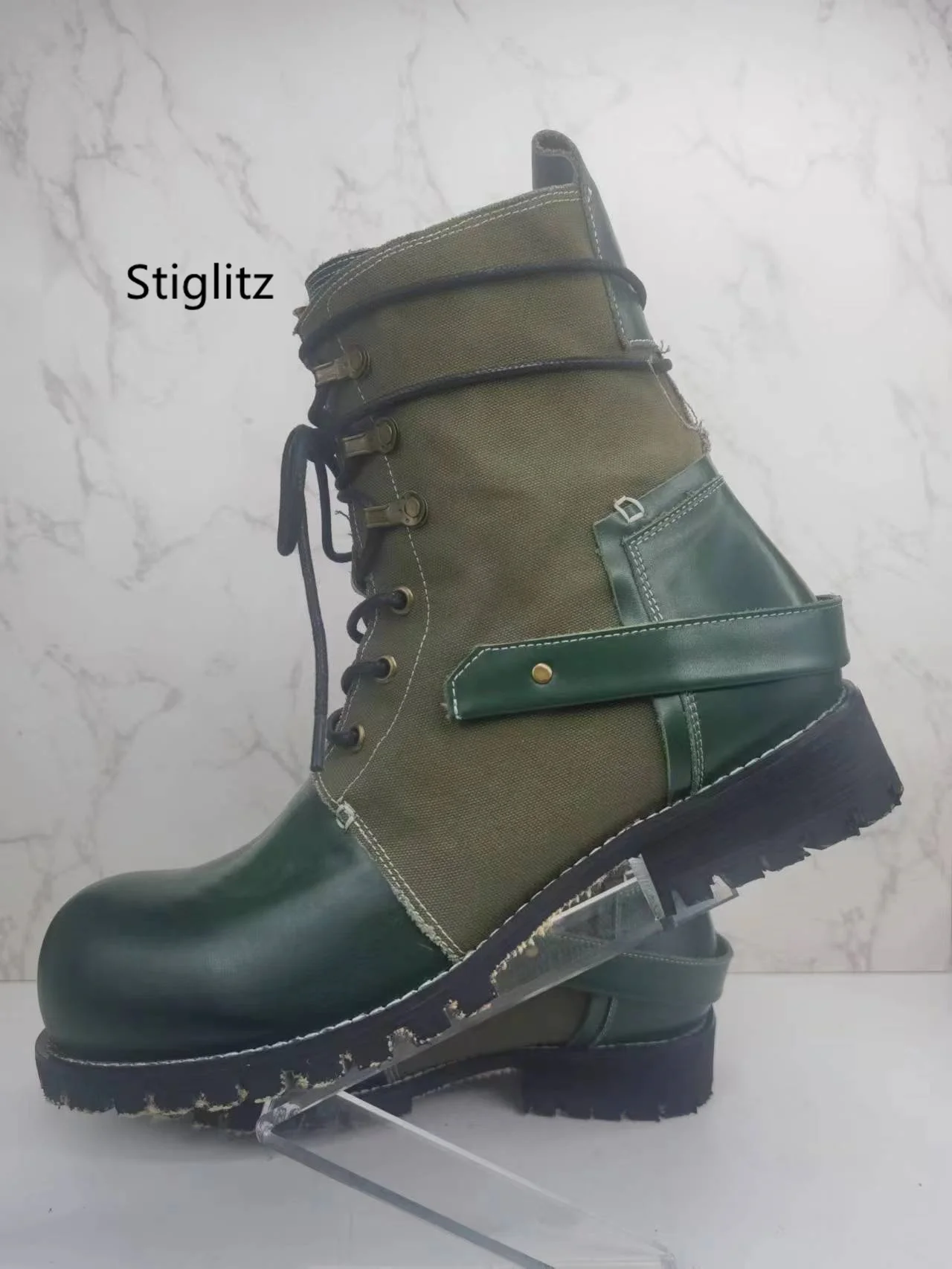 

Vintage Cowhide Ankle Boots Lace Up Atrovirens Work Boots for Men Canvas Genuine Leather Patchwork Winter Round Toe Men's Shoes