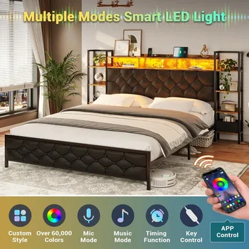 Queen FarmhouseBed Frame, Queen Size Platform Bed LED Lights and Charging Station, Artificial LeatherHeadboard Bookcase Shelves 2