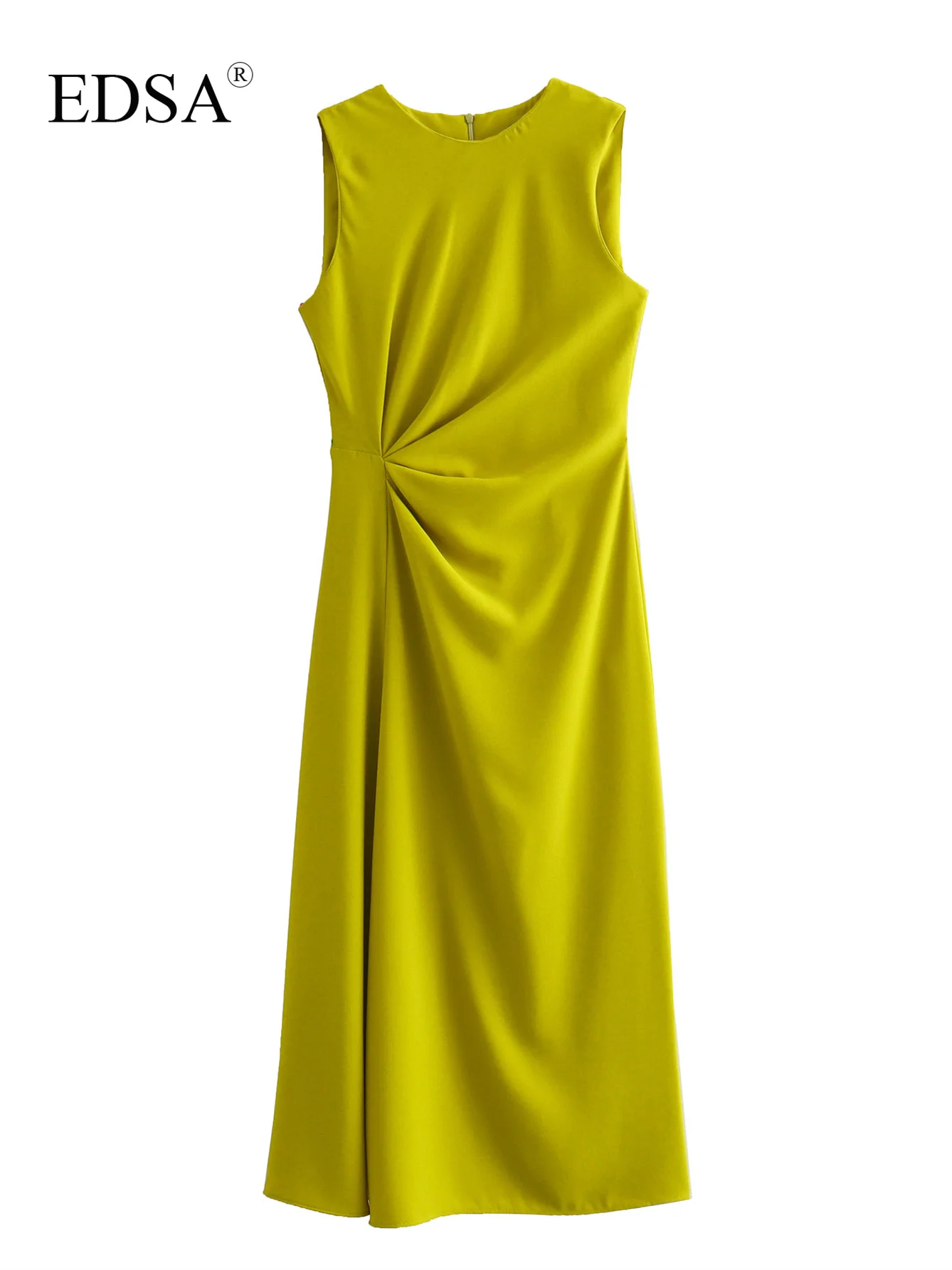 유럽 및 미국 여성 패션의 크로스 보더 프린트 브이넥 원피스, 최신 신상 아이템 11 EDSA 여성용 겨자 민소매 미디 원피스, 사이드 모임, 라운드 넥, 백 지퍼, 우아한 여름 드레스